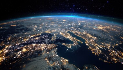 Poster - Earth at Night From Space With City Lights, Showcasing Global Connectivity and Technological Advancement for International Business : Generative AI