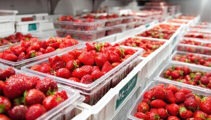 Poster - Rows of Fresh Strawberries in Plastic Containers, Representing Healthy Eating and Agricultural Abundance for Food Industry Marketing : Generative AI