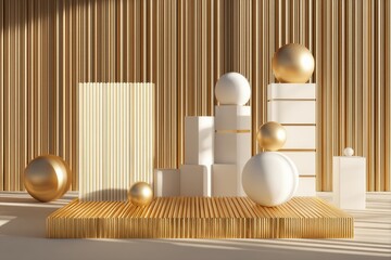 Poster - Geometric Shapes and Golden Accents on a Podium, Ideal for Product Presentation and Luxury Branding, Showcasing Elegance and Sophistication : Generative AI
