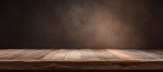 Aufkleber - Rustic Wooden Table Against a Dark Brown Wall, Ideal for Product Presentation and Culinary Advertising, Evoking Warmth and Nostalgia : Generative AI