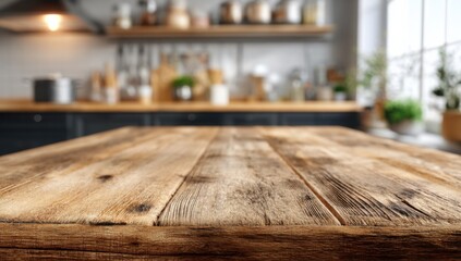 Fototapete - Rustic Wooden Table in Blurred Kitchen Interior, Perfect for Food Photography and Product Mockups, Inviting Warmth and Culinary Creativity : Generative AI