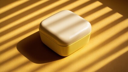 Aufkleber - Yellow and Cream Box on Yellow Surface With Window Light, Representing Minimalism, Freshness, and Product Presentation : Generative AI