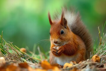Poster - Red Squirrel Eating Nut in Forest Floor, Symbolizing Wildlife Conservation and Natural Habitat Preservation for Environmental Awareness Campaigns : Generative AI