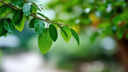 Poster - Fresh Green Leaves on Branch in Natural Light, Symbolizing Growth and Environmental Awareness for Sustainable Business Practices : Generative AI