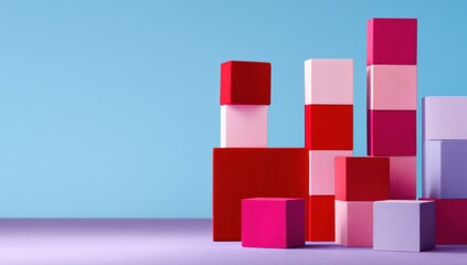 Aufkleber - Stacked Colorful Wooden Blocks on Purple Surface Against Blue Backdrop, Illustrating Growth and Strategic Planning for Business Development : Generative AI
