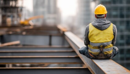 Poster - Construction Worker Meditating on High Rise Steel Beam, Representing Workplace Wellness and Mental Health : Generative AI