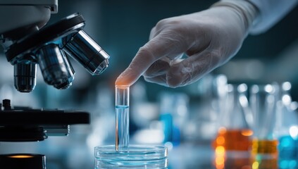 Aufkleber - Gloved Hand Examining Test Tube Under Microscope in Lab, Representing Scientific Discovery and Pharmaceutical Research : Generative AI