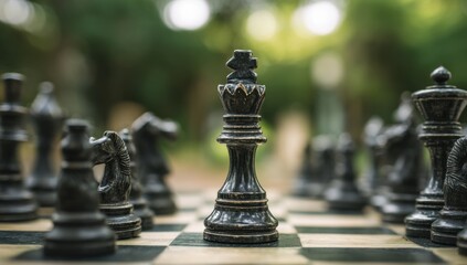 Poster - Chess King Standing Tall on Board in Outdoor Setting, Symbolizing Strategy and Leadership, Ideal for Business Planning and Competitive Advantage Concepts : Generative AI