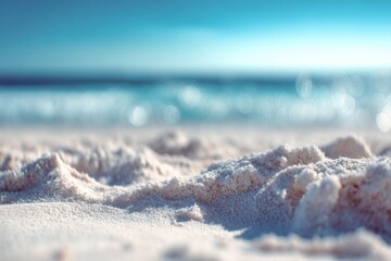 Poster - Close Up of White Sand Beach and Turquoise Ocean, Symbolizing Summer Vacation and Coastal Getaway for Travel Agency Promotion : Generative AI