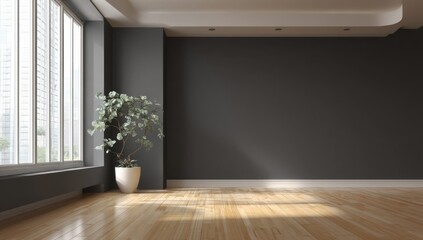 Fototapete - Modern Empty Room With Potted Plant and Large Window, Ideal for Real Estate Marketing and Interior Design Inspiration : Generative AI