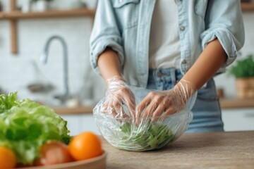 Poster - Woman Preparing Salad in Kitchen Wearing Gloves, Showing Food Safety and Healthy Lifestyle Choices at Home, Promoting Wellness and Self-Care : Generative AI