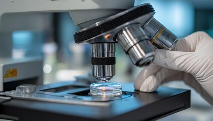 Fototapete - Close-Up of Microscope Examining Petri Dish Sample, Representing Scientific Research and Medical Breakthroughs in Healthcare and Biotechnology Industry : Generative AI