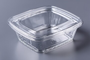 Poster - Clear Plastic Food Container on Gray Surface, Showcasing Packaging Design and Culinary Presentation for Product Marketing : Generative AI
