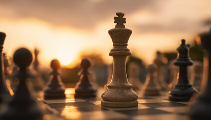 Poster - Chess Game at Sunset With King in Focus, Symbolizing Strategy and Business Competition : Generative AI