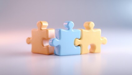 Poster - Three Interlocking Puzzle Pieces in Pastel Colors, Symbolizing Teamwork, Connection, and Problem Solving for Business Solutions and Strategic Partnerships : Generative AI