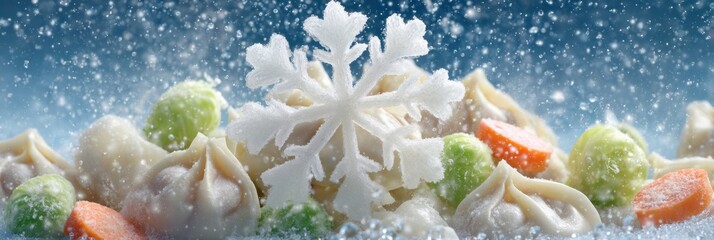 Poster - Frozen Dumplings With Vegetables and Stylized Snowflake in a Bright Winter Setting