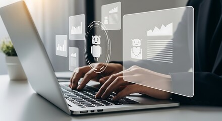 Poster - Businessperson working on a laptop with data analysis and ai powered chatbot integration.