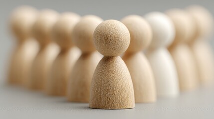 Poster - Unique wooden figure distinguishing itself among others in a group representing team alignment towards goals