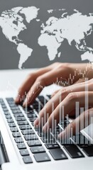 Poster - Hands typing on a laptop with global map and financial data overlay representing global market analysis