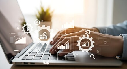 Poster - Hands typing on laptop with financial data analysis and business strategy overlay illustration