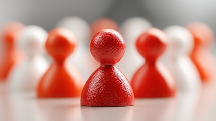 Poster - Vibrant group of red wooden figures signifying team alignment and unified minds aiming for common purpose and goals