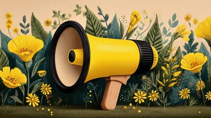 Poster - Vibrant yellow megaphone surrounded by colorful flowers representing quick wins and fast value delivery in marketing