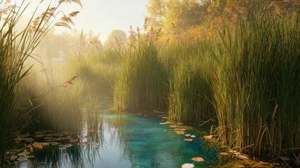 Wall Mural - tranquil marshland with tall grass and serene blue water under soft morning light