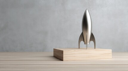 Poster - A rocket positioned on a wooden block representing launching with clarity and defined goals in a conceptual framework