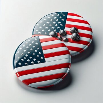 badge button with usa flag design on two buttons white background, 3D rendering illustration, created with generative ai