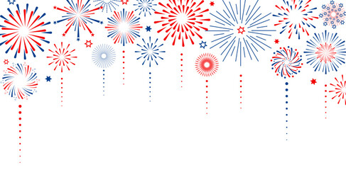 Aufkleber - Firework vector icons set isolated on transparent background with copy space. Celebrate 4th of July banner. Red, blue, white usa flag color firework border, firecracker frame.