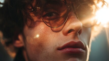 Poster - Young man with curly hair poses for a creative fashion portrait, wearing glasses that catch sunlight. The urban backdrop enhances the trendy vibe, showcasing modern style