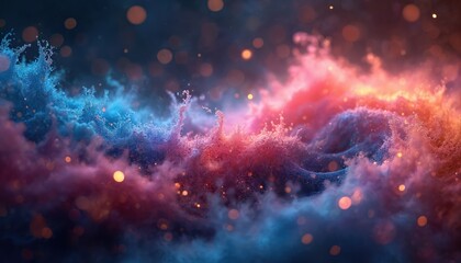 Poster - Vibrant cosmic dust swirl with glittering stars set against dark backdrop. Digital artwork abstract galaxy nebula with colourful particles, energy, light, design, texture, dream, fantasy.