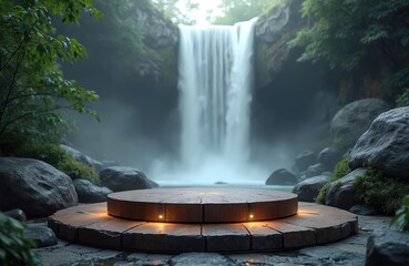 Poster - 3D podium display product presentation. Tropical waterfall background, natural landscape. Stone platform design for cosmetic, beauty, fashion branding, marketing, advertising. Eco-friendly, zen, spa,
