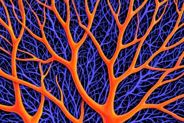 Poster - Abstract Branching Network - Intricate network of branching lines, vibrant orange and blue, against black background. Abstract art, complex structure