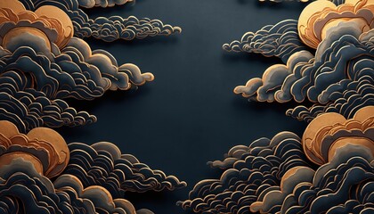 Poster - Traditional Chinese black gold cloud texture illustration poster background. Abstract design elements feature gold accents on dark, creating vintage decoration. Suitable for cards, invitations,