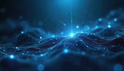 Poster - Abstract illustration of quantum computing system. Cyber network grid, connected particles, artificial neurons, global data connections, futuristic digital world. Suitable for, tech projects, new