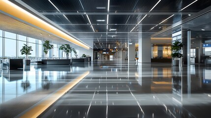  luxury terminal design with natural illumination, reflections on shiny floor,