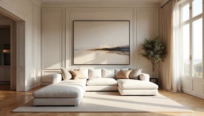 Poster - Luxury Paris apartment interior with large white sofa under big painting on wall. Bright light from window. Comfortable cozy living room with modern furniture, white walls, plants, pillows.