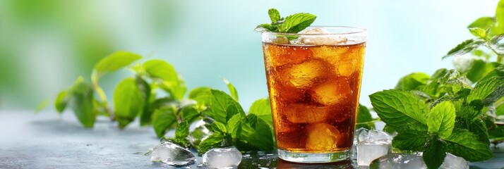 Poster - Refreshing Glass of Iced Decaf Tea With Mint Surrounded by Fresh Mint Leaves on a Clean Surface in a Bright Setting