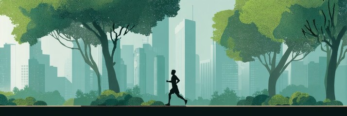 Aufkleber - Jogging Through an Urban Park With a Scenic Backdrop of City Skyscrapers Surrounded by Trees