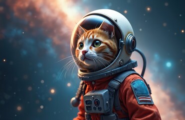 Aufkleber - Cute ginger cat dressed astronaut. Portrait cat space suit, helmet. AI generated space illustration with dreamy cosmical background stars, galaxy, nebula. Catronaut explore space.