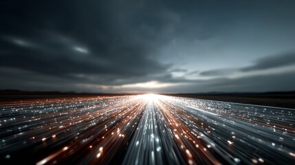 Aufkleber - This visual displays a vibrant representation of digital data flowing along a road during twilight