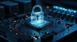 © DhanaStudio - Digital holographic padlock symbolizing cybersecurity on blue circuit board closeup