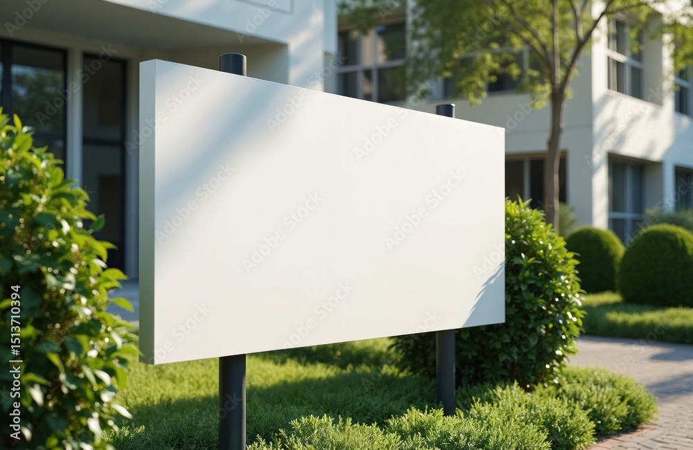 White blank company sign mockup in sunny garden park. Empty billboard ...