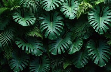 Poster - Dark green tropical leaves background. Monstera palm coconut leaf fern palm leaf bananaleaf foliage. Fresh nature eco concept for design. Dense arrangement of leaves creates refreshing atmosphere.