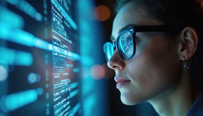 Leinwandbilder - Data analyst observes illuminated data on digital display. Woman wears glasses, concentrates on info. High-tech setting shows analysis, tech, critical thinking, innovation, corporate strategy.