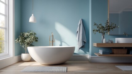 Fototapete - This spacious bathroom showcases a freestanding tub against a blue wall, accented by elegant fixtures and natural elements for a serene atmosphere, perfect for relaxation