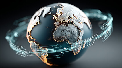 Poster - Global communications symbol and connections concept with a blue international globe of the world with two curved arrows around a sphere as a social exchange and trade icon for imports and exports.