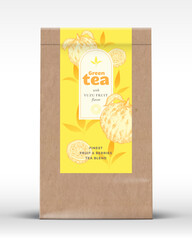 Wall Mural - craft paper bag with fruit and berries tea label. realistic vector pouch packaging design layout. mo