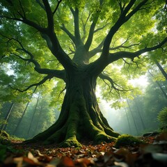 Poster - Large oak tree low angle shot. Green foliage, sunlight through branches. Nature background, forest trees, summer park landscape. Eco concept. Nobody around. Beautiful natural environment.